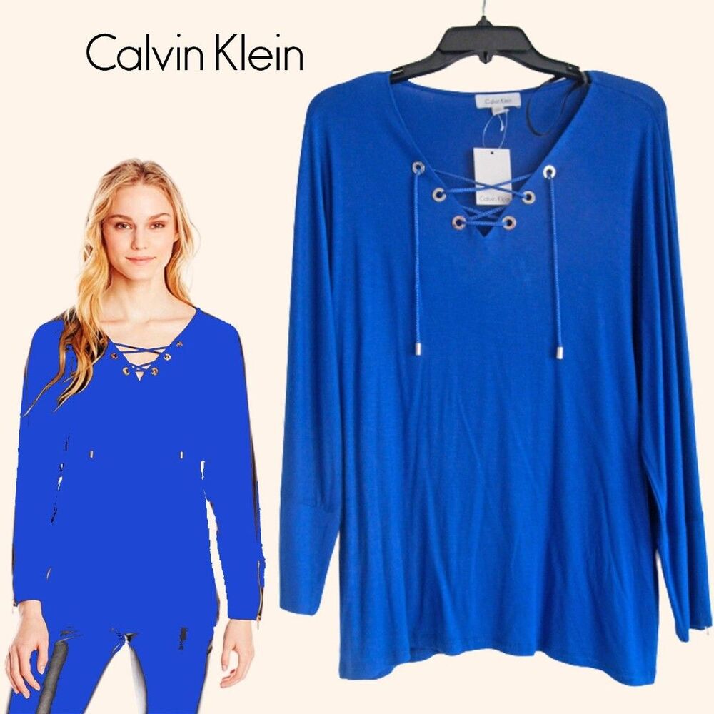 Calvin Klein NEW Royal Blue Lace-Up Zip Cuff Dolman Top L